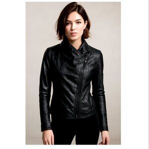 Vince Lamb Leather Moto Jacket Asymmetrical Zip, Knit Panels, Women’s Size M